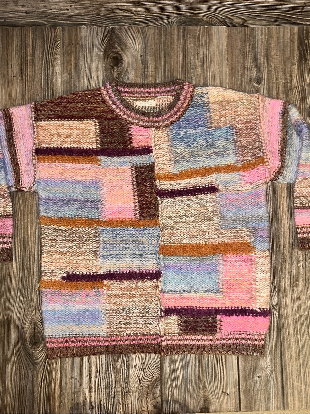 Lovestitch Kirby Patchwork Multicolor  Sweater Bohemian Oversized Crew Medium - Picture 2 of 9